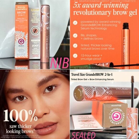NIB GrandeBROW 2-In-1 Tinted Brow Gel + Brow Enhancing Serum Medium Mini 4 Mos. - Picture 1 of 11